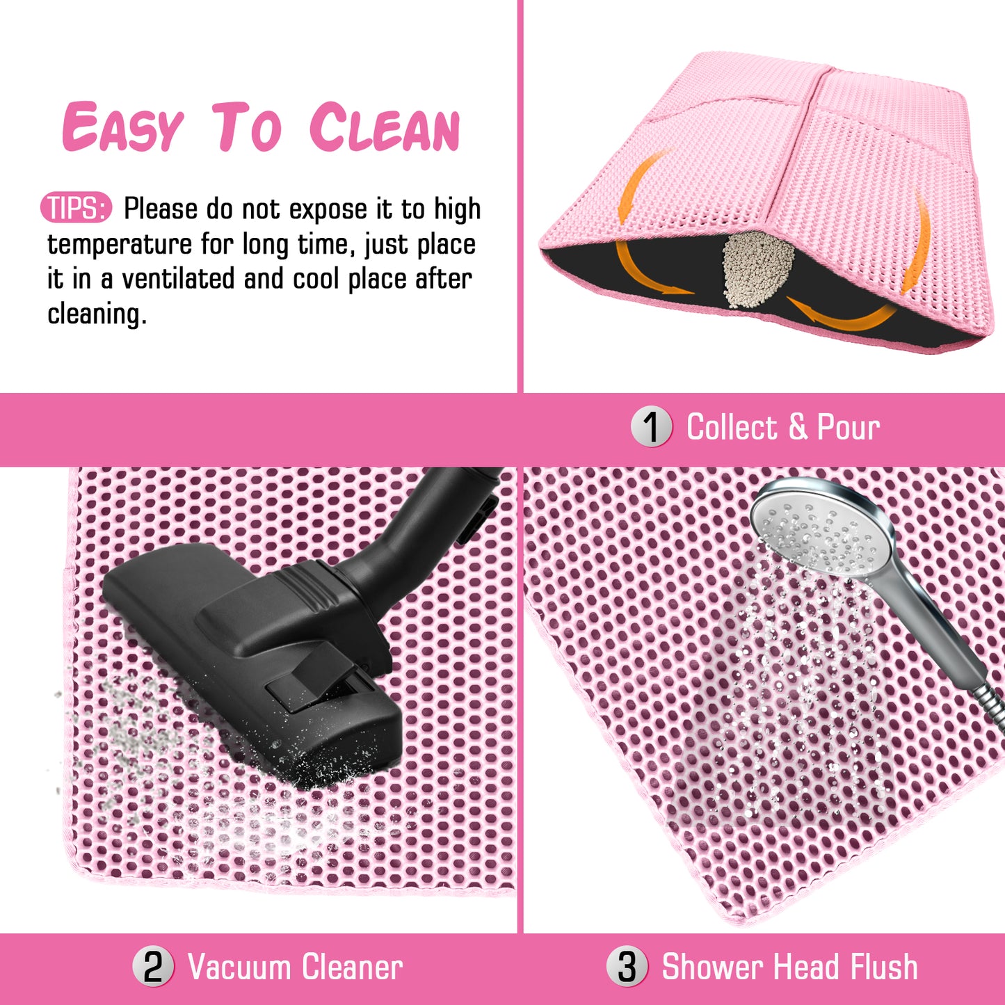 ZALALOVA Cat Litter Mat Kitty Litter Mat for Litter Box, 30 x 22 inch Four-fold Honeycomb Easy to Clean, Non-Slip, Waterproof Cat Mat Large (Pink)