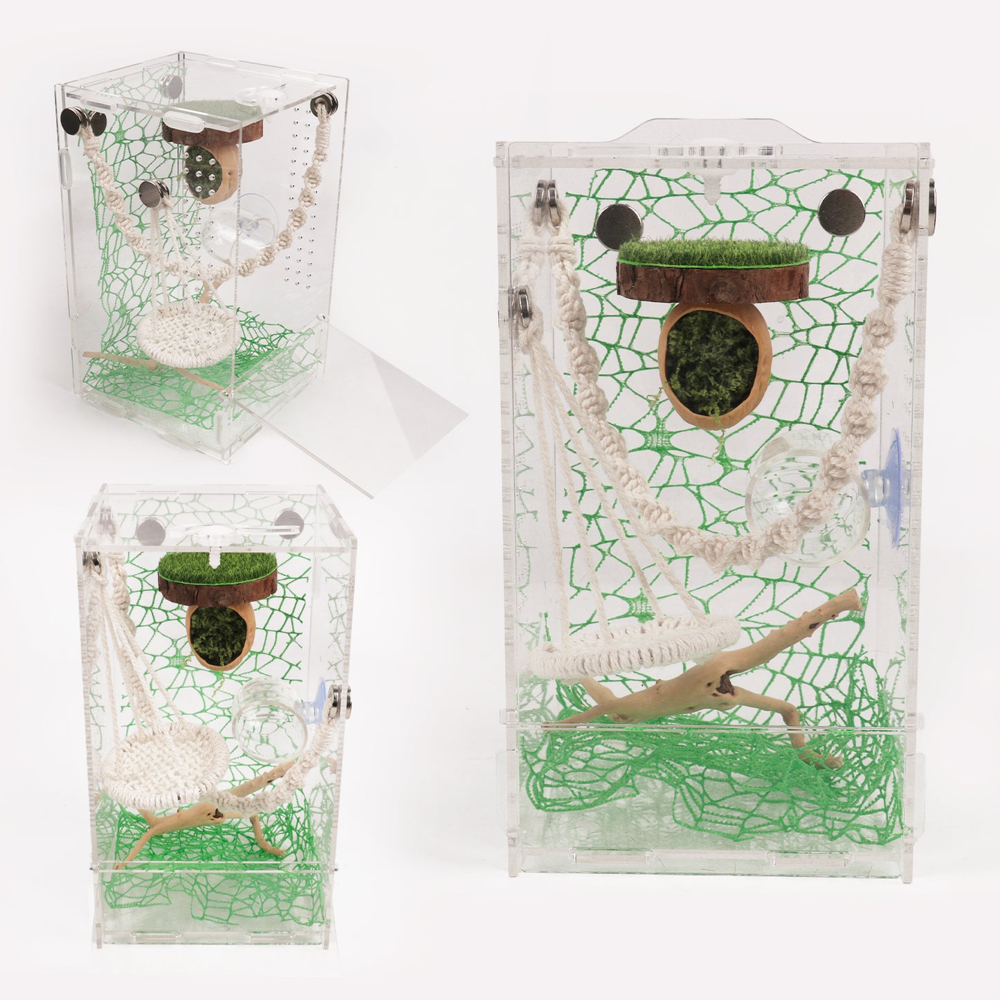 ZALALOVA 7 Pcs Jumping Spider Hide Accessories Set, Spiders Hideout Climbing Platform, Natural Cotton Rope Bridge Swings with Magnets for Small Reptile Enclosure Decorations