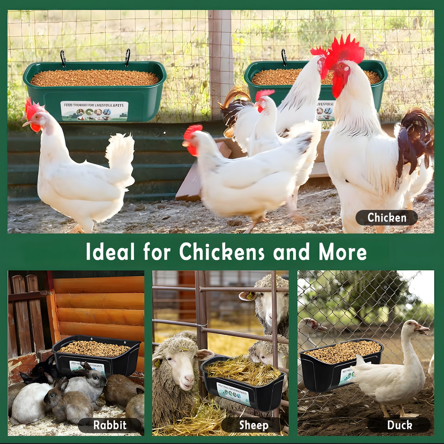 Zalalova 2 Pack Duck Chicken Feeder,Hanging Fence Feed Trough,Goose Turkey Water Trough with Clips,Livestock Feeding Container,Poultry Bucket,5 Quarts in Total Green