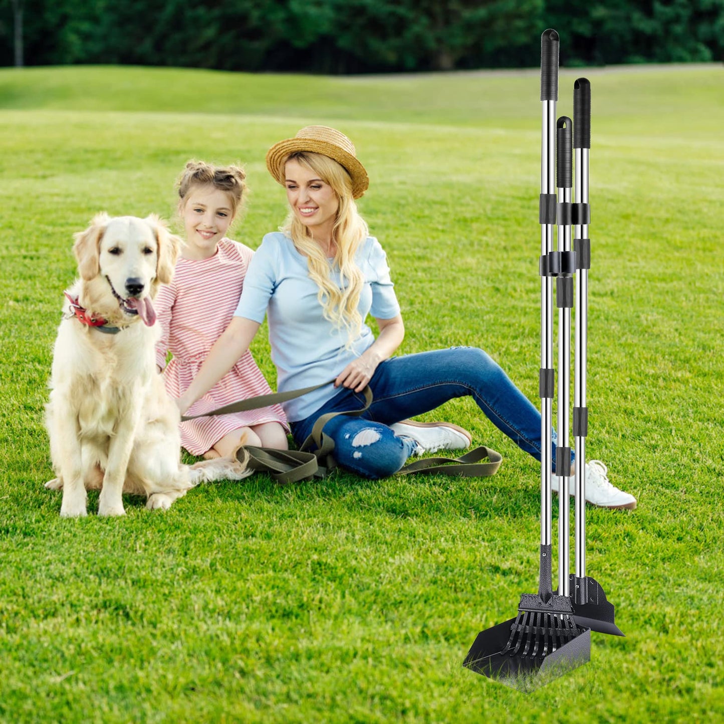 ZALALOVA 3 Pack Steel Stainless Dog Pooper Scooper Set, 37.8" Adjustable Handle Poop Scooper with Tray,Rake and Spade, No Bending Clean up for Medium and Large Dog