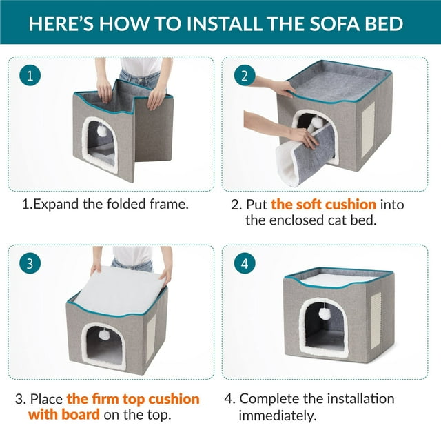 ZALALOVA Cat House for Indoor Cats, Foldable Cat Cube, Enclosed Cat Bed with Scratching Board and Dangling Toy Ball,16.5x16.5x14.5 inches(Gray)