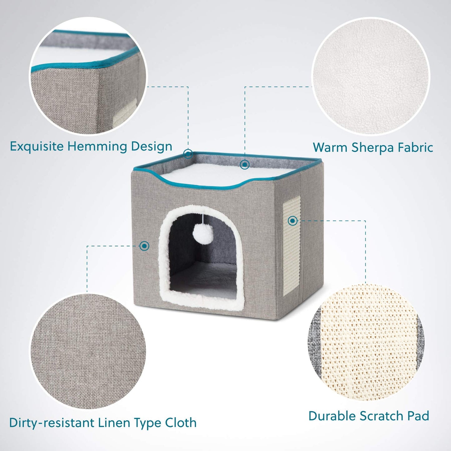 ZALALOVA Cat House for Indoor Cats, Foldable Cat Cube, Enclosed Cat Bed with Scratching Board and Dangling Toy Ball,16.5x16.5x14.5 inches(Gray)