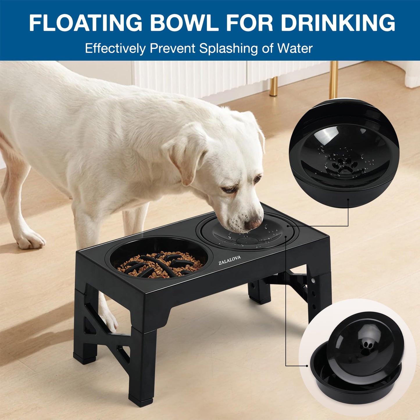 ZALALOVA Elevated Dog Bowls,Slow Feeder Dog Bowls with No Spill Dog Water Bowl, Non-Slip Food and Water Bowls with Stand for Medium and Large Dogs(Black)