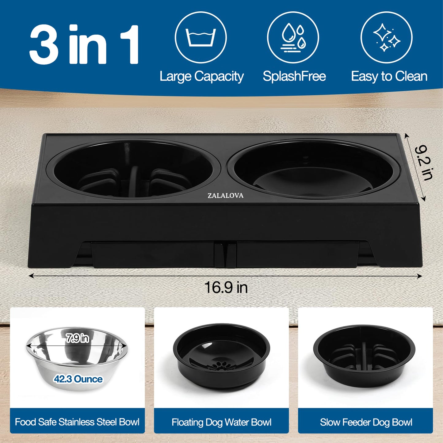 ZALALOVA Elevated Dog Bowls,Slow Feeder Dog Bowls with No Spill Dog Water Bowl, Non-Slip Food and Water Bowls with Stand for Medium and Large Dogs(Black)