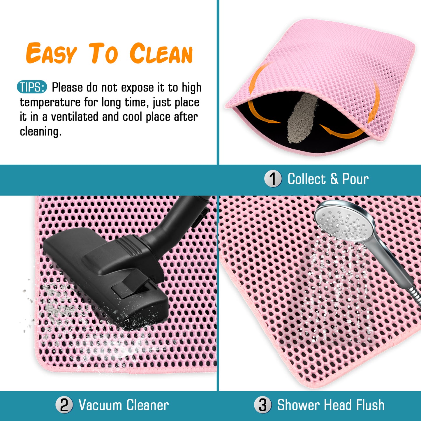 ZALALOVA Cat Litter Mat Kitty Litter Mat for Litter Box, 24 x 15 inch Honeycomb Easy to Clean, Soft on Paws, Non-Slip, Waterproof Cat Mat (Pink)