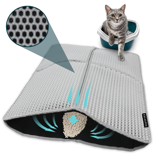 ZALALOVA Cat Litter Mat, 36 x 24 inch Washable Cat Litter Trapping Mat, Extra Large XL Honeycomb Double Layer Cat Mat, Urine & Waterproof Kitty Litter Mat (Gray)