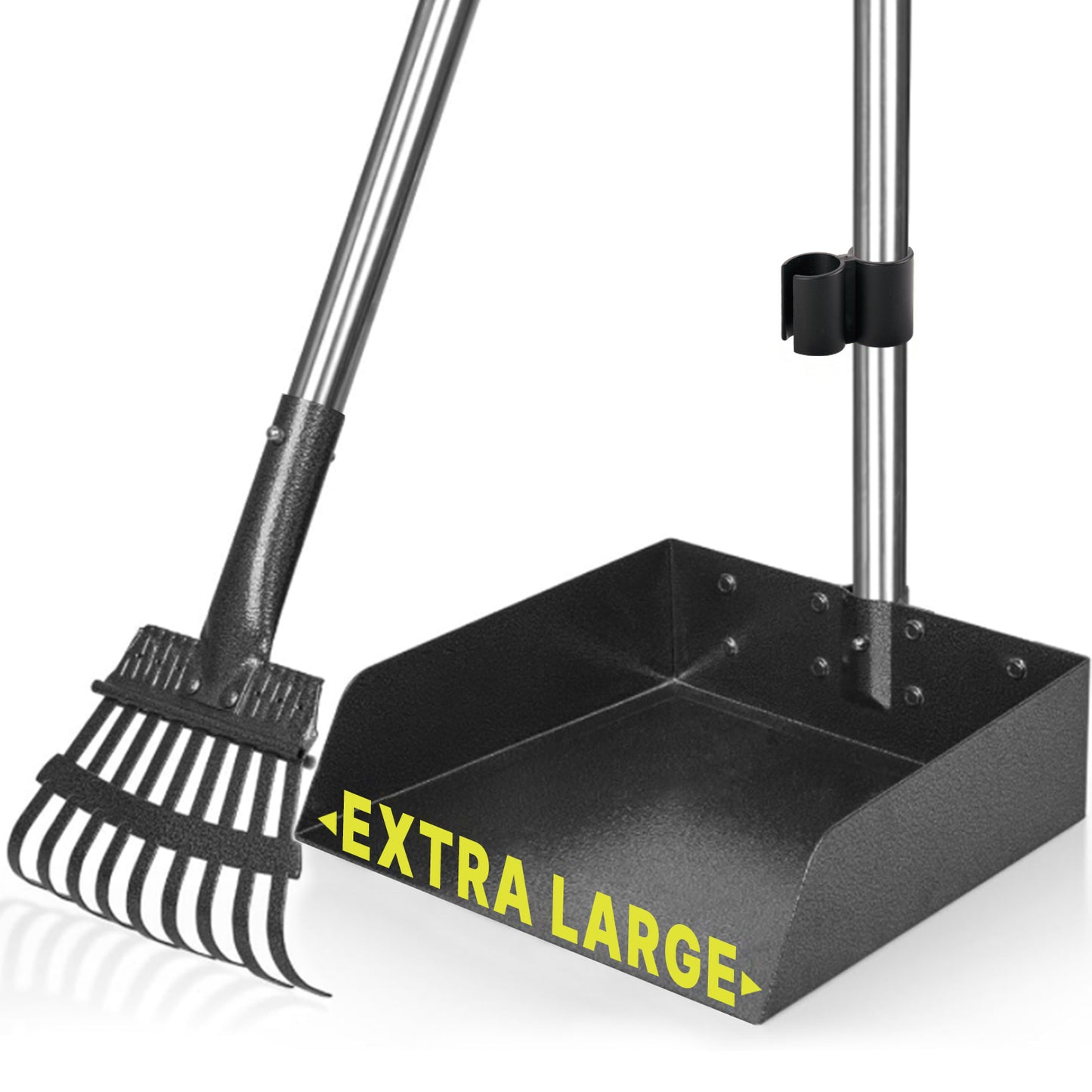 Larger Pooper Scooper for Large Dogs, Dog Pooper Scooper for Large Medium Small Dogs Long Handle Stainless Metal Tray and Rake Set Heavy Duty