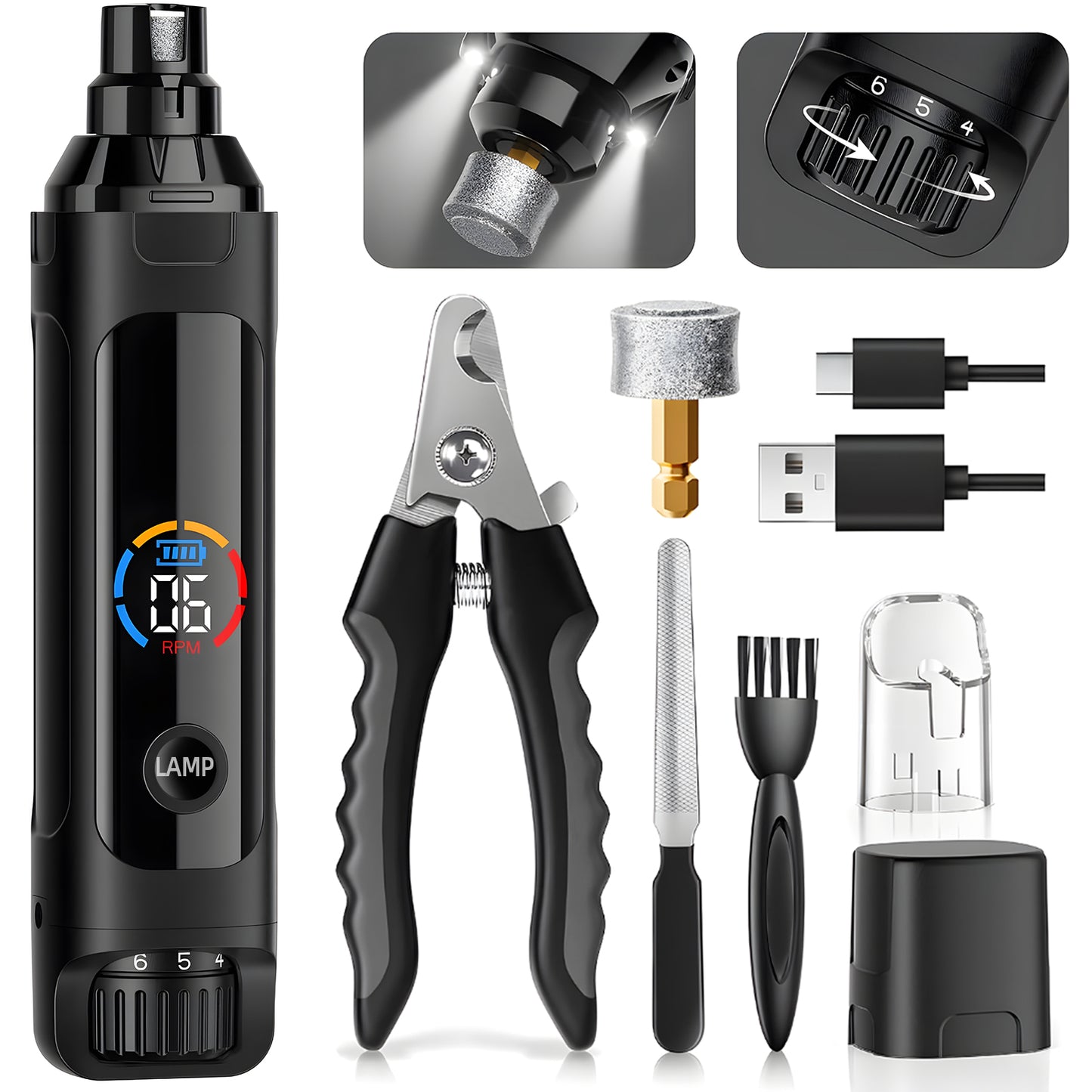 ZALALOVA Dog Nail Grinder, 6-Speed Quiet Electric Dog Nail Trimmers, Dog Nail Clippers with File for Small Medium Large Dogs, Cats, Rechargeable Pet Paw Grooming Supplies Kit, 2 Grinding Wheels (Blac