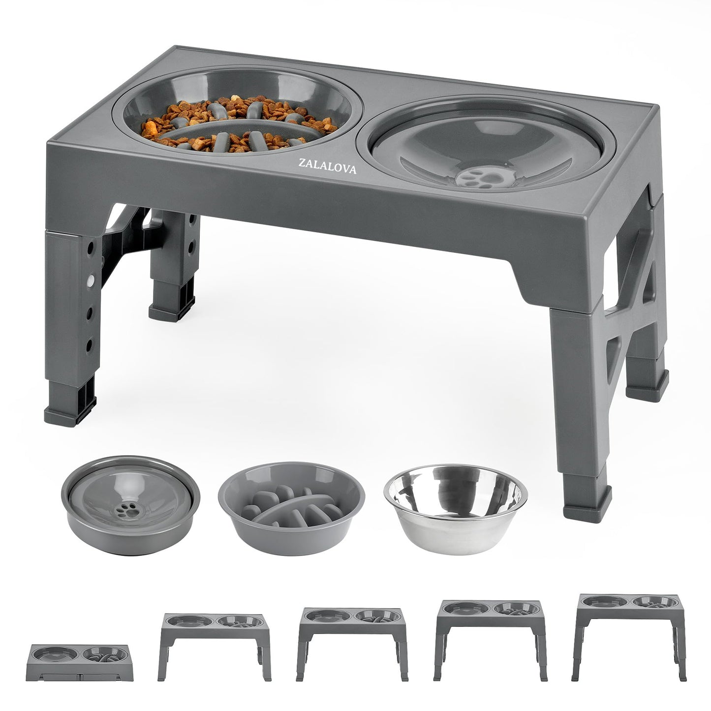 ZALALOVA Elevated Dog Bowls,Slow Feeder Bowls with No Spill Water Bowl, Non-Slip Food and Water Bowls with Stand for Medium and Large Dogs(Gray)