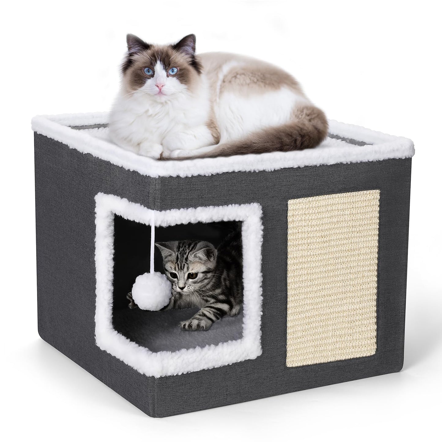 ZALALOVA Cat House for Indoor Cats Cube Bed, Covered Cat Cave Beds & Furniture with Scratch Pad and Hideaway Tent, Cute Modern Cat Condo for Multi Small Pet Large Kitten Kitty