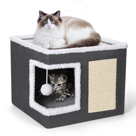 ZALALOVA Cat House for Indoor Cats Cube Bed, Covered Cat Cave Beds & Furniture with Scratch Pad and Hideaway Tent, Cute Modern Cat Condo for Multi Small Pet Large Kitten Kitty