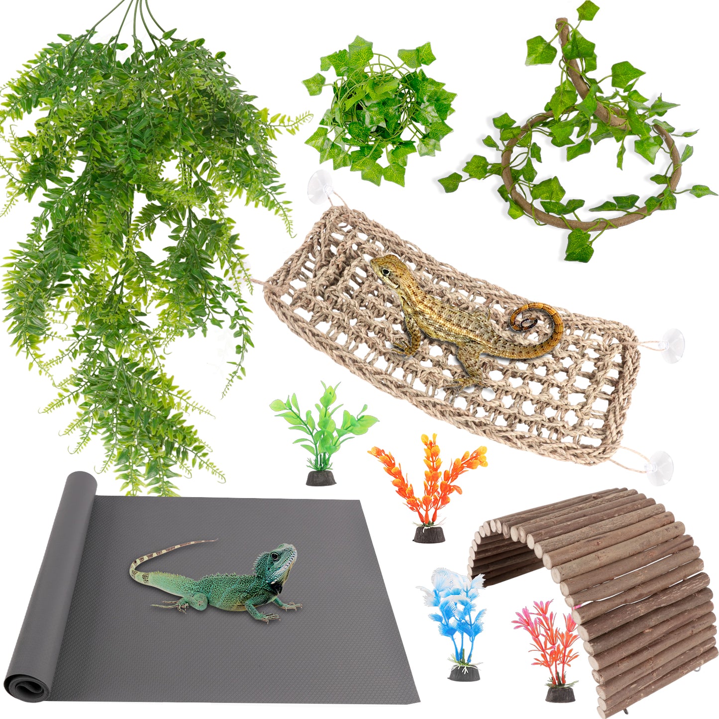 ZALALOVA Bearded Dragon Tank Accessories, Include Reptile Mat Hammock Plants Bridge Jungle Climber Vines Terrarium Decorations for Bearded Dragon Lizard Snake (10 PCS with Reptile Mat)