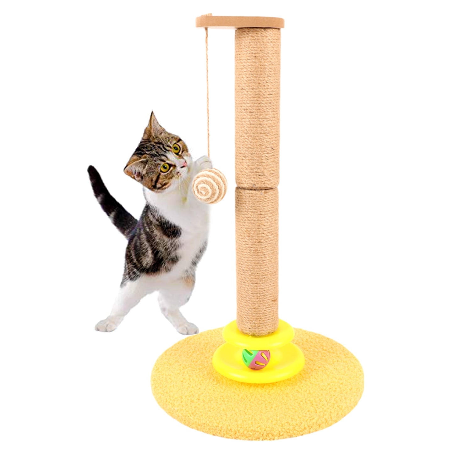ZALALOVA Cat Scratching Post Interactive Toy with Dangling Ball, 19.3" Tall Sisal Cat Scratcher Post for Indoor Cats, Bell Ball Toy with Track and Stable Widen Base for Kittens