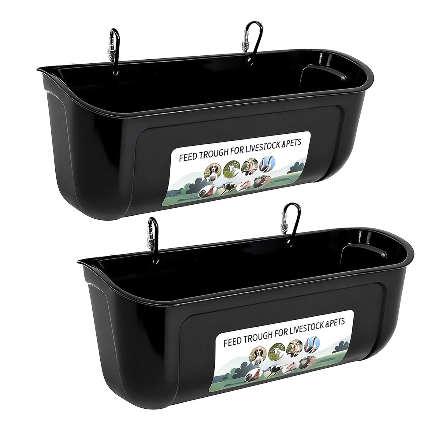 ZALALOVA 2 Pack Duck Chicken Feeder,Hanging Fence Feed Trough,Goose Turkey Chick Waterer with Clips,Livestock Feeding Container,Poultry Bucket,5 Quarts in Total Black