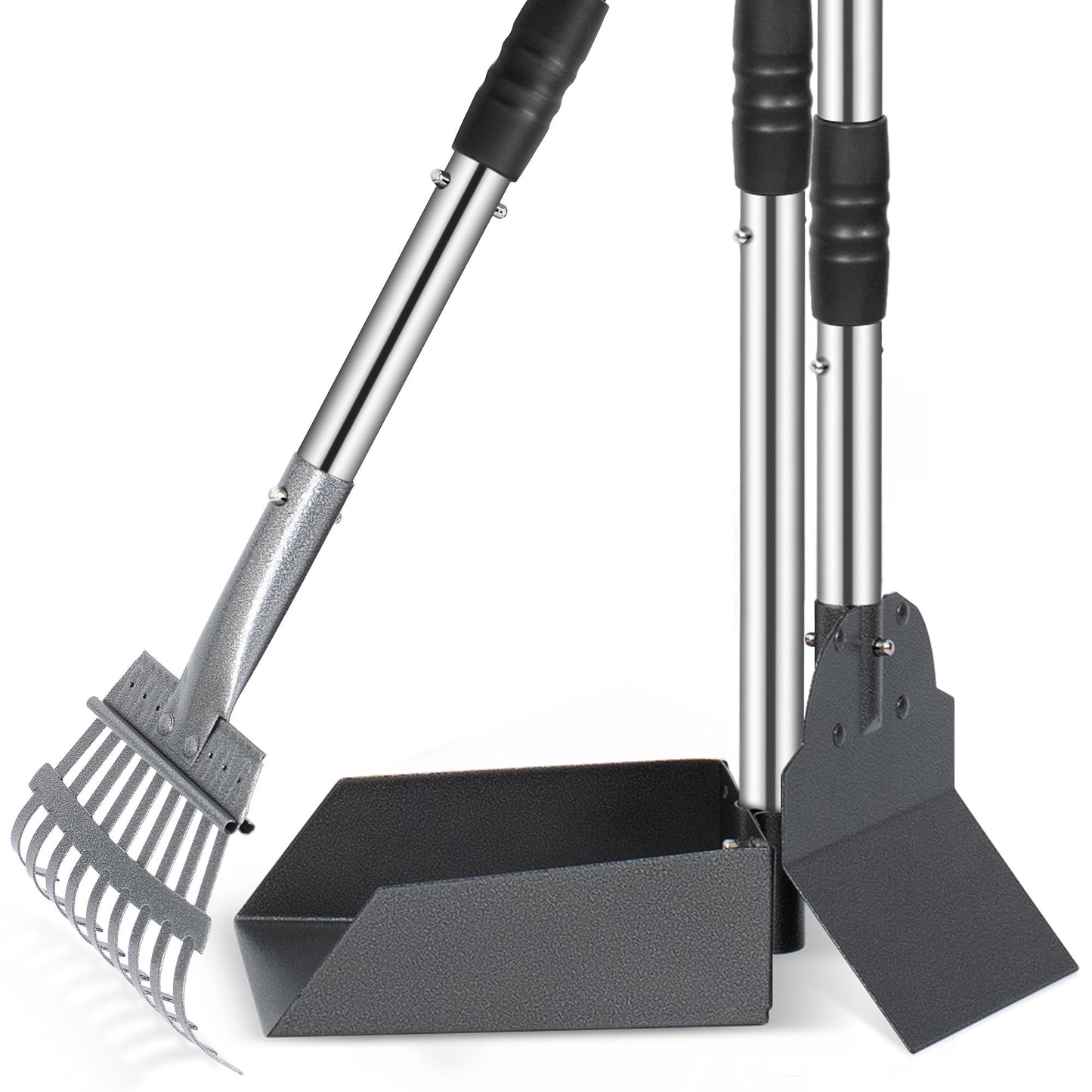 ZALALOVA 3 Pack Steel Stainless Dog Pooper Scooper Set, 37.8" Adjustable Handle Poop Scooper with Tray,Rake and Spade, No Bending Clean up for Medium and Large Dog