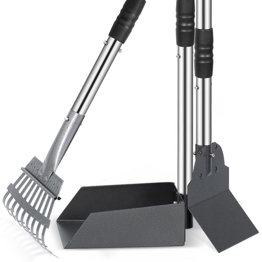 ZALALOVA 3 Pack Steel Stainless Dog Pooper Scooper Set, 37.8" Adjustable Handle Poop Scooper with Tray,Rake and Spade, No Bending Clean up for Medium and Large Dog