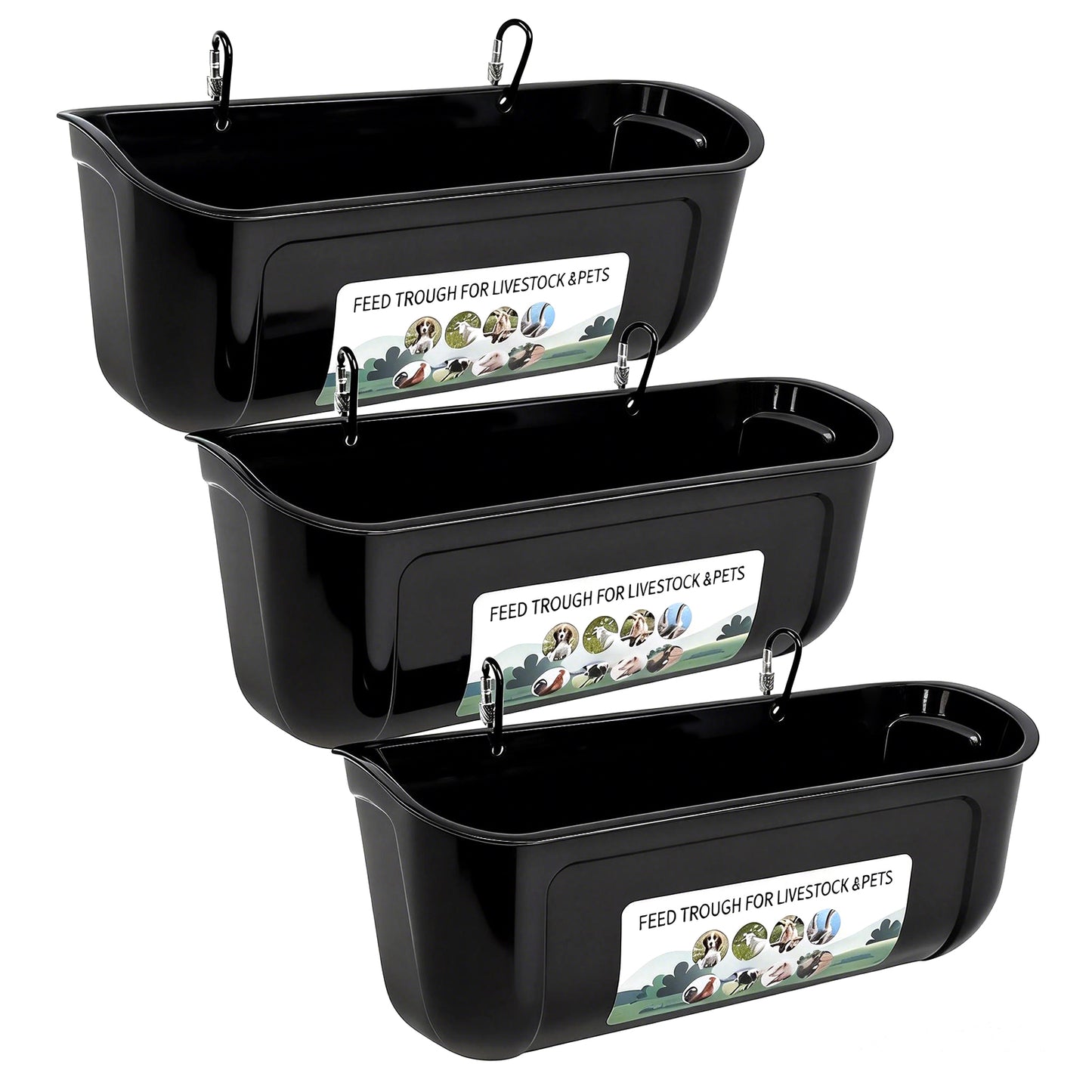 Zalalova 3 Pack Duck Chicken Feeder,Hanging Fence Feed Trough,Goose Turkey Water Trough with Clips,Livestock Feeding Container,Poultry Bucket,8 Quarts in Total Black