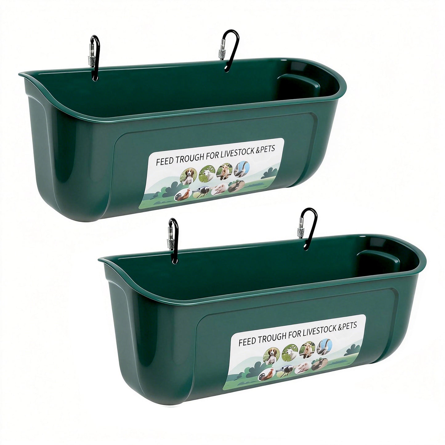 Zalalova 2 Pack Duck Chicken Feeder,Hanging Fence Feed Trough,Goose Turkey Water Trough with Clips,Livestock Feeding Container,Poultry Bucket,5 Quarts in Total Green