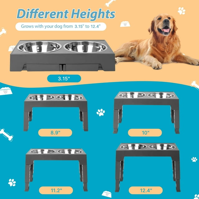 ZALALOVA Elevated Dog Bowls Stand with 2 Stainless Steel Dishes, Raised Dog Bowl Adjusts to 5 Heights (3.15", 8.9", 10",11.2", 12.4") for Medium and Large Dogs（Gray）