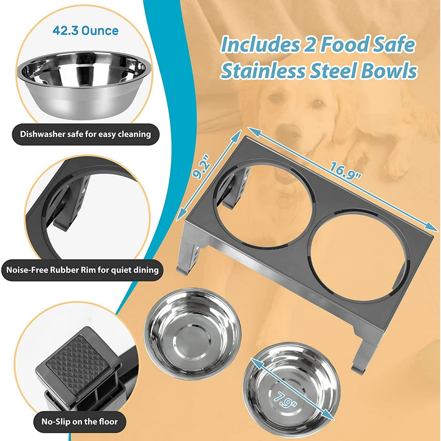 ZALALOVA Elevated Dog Bowls Stand with 2 Stainless Steel Dishes, Raised Dog Bowl Adjusts to 5 Heights (3.15", 8.9", 10",11.2", 12.4") for Medium and Large Dogs（Gray）