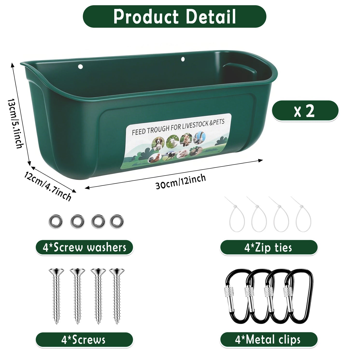 Zalalova 2 Pack Duck Chicken Feeder,Hanging Fence Feed Trough,Goose Turkey Water Trough with Clips,Livestock Feeding Container,Poultry Bucket,5 Quarts in Total Green