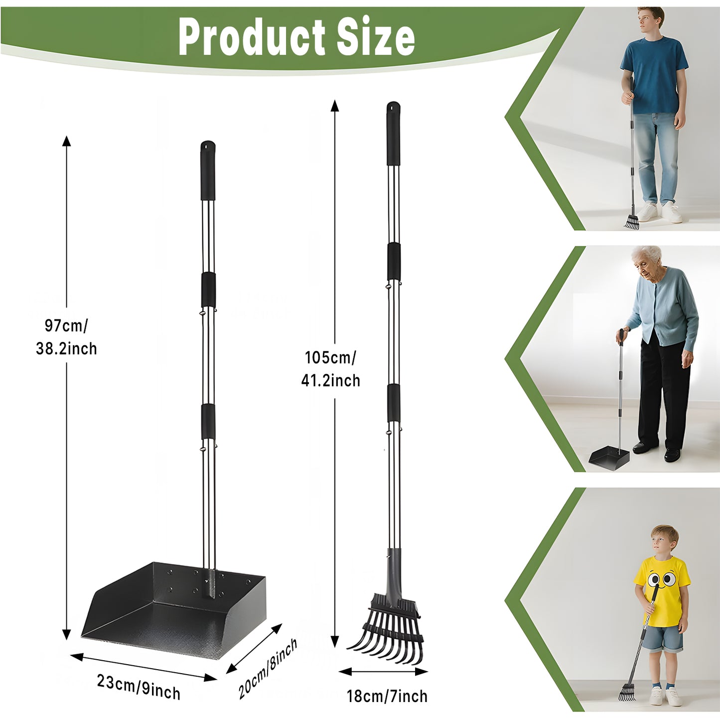 Larger Pooper Scooper for Large Dogs, Dog Pooper Scooper for Large Medium Small Dogs Long Handle Stainless Metal Tray and Rake Set Heavy Duty