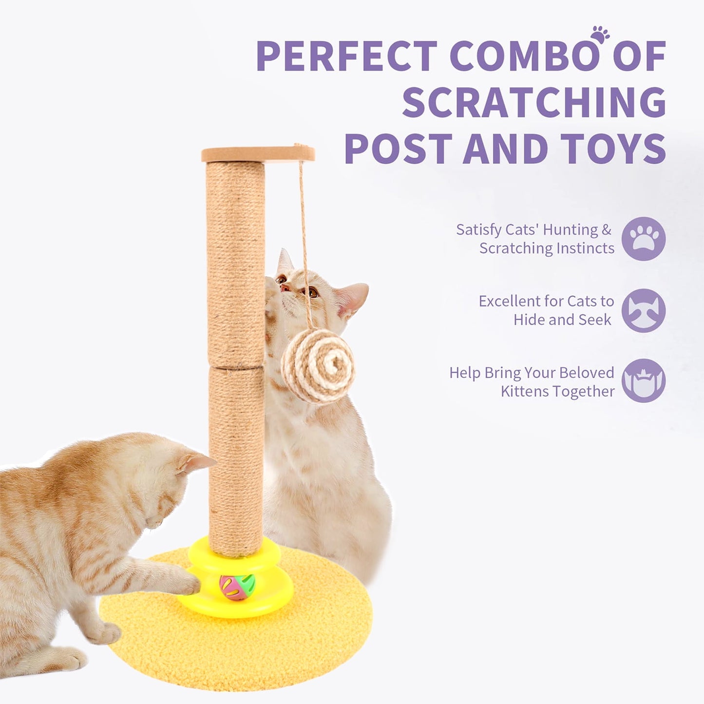 ZALALOVA Cat Scratching Post Interactive Toy with Dangling Ball, 19.3" Tall Sisal Cat Scratcher Post for Indoor Cats, Bell Ball Toy with Track and Stable Widen Base for Kittens