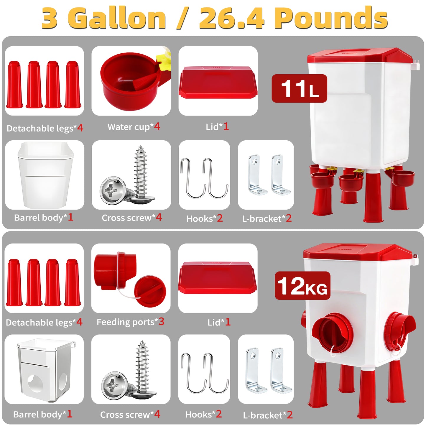 ZALALOVA Chicken Feeder and Waterer Set with Legs,3 Gallon Automatic Chicken Feeder,26.4 Pounds Waterer No Waste Poultry,Chicken Coop Accessories for Hens Ducks Poultry