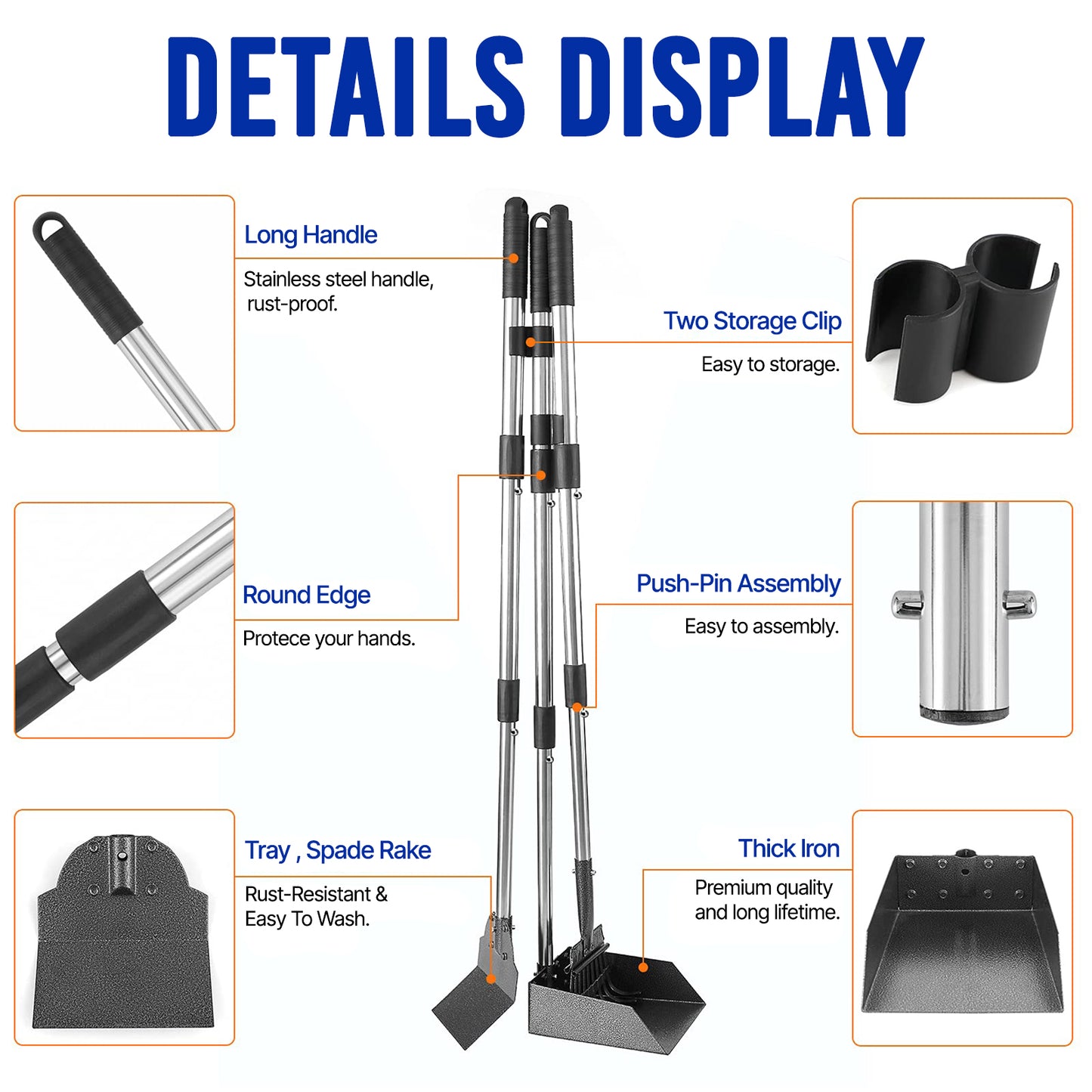 ZALALOVA 3 Pack Steel Stainless Dog Pooper Scooper Set, 37.8" Adjustable Handle Poop Scooper with Tray,Rake and Spade, No Bending Clean up for Medium and Large Dog