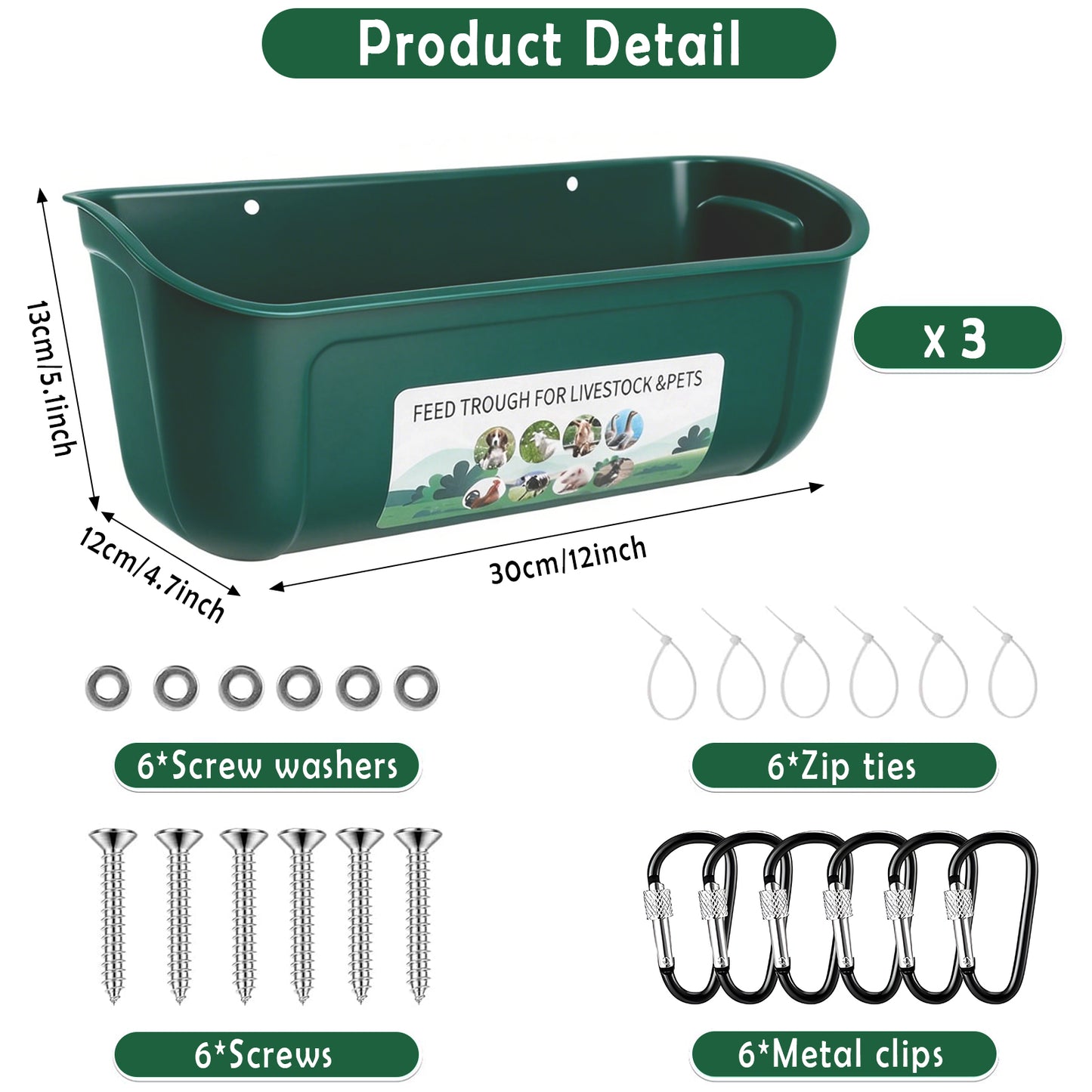 ZALALOVA 3 Pack Duck Chicken Feeder,Hanging Fence Feed Trough,Goose Turkey Chick Waterer with Clips,Livestock Feeding,Container,Poultry Bucket,8 Quarts in Total Green