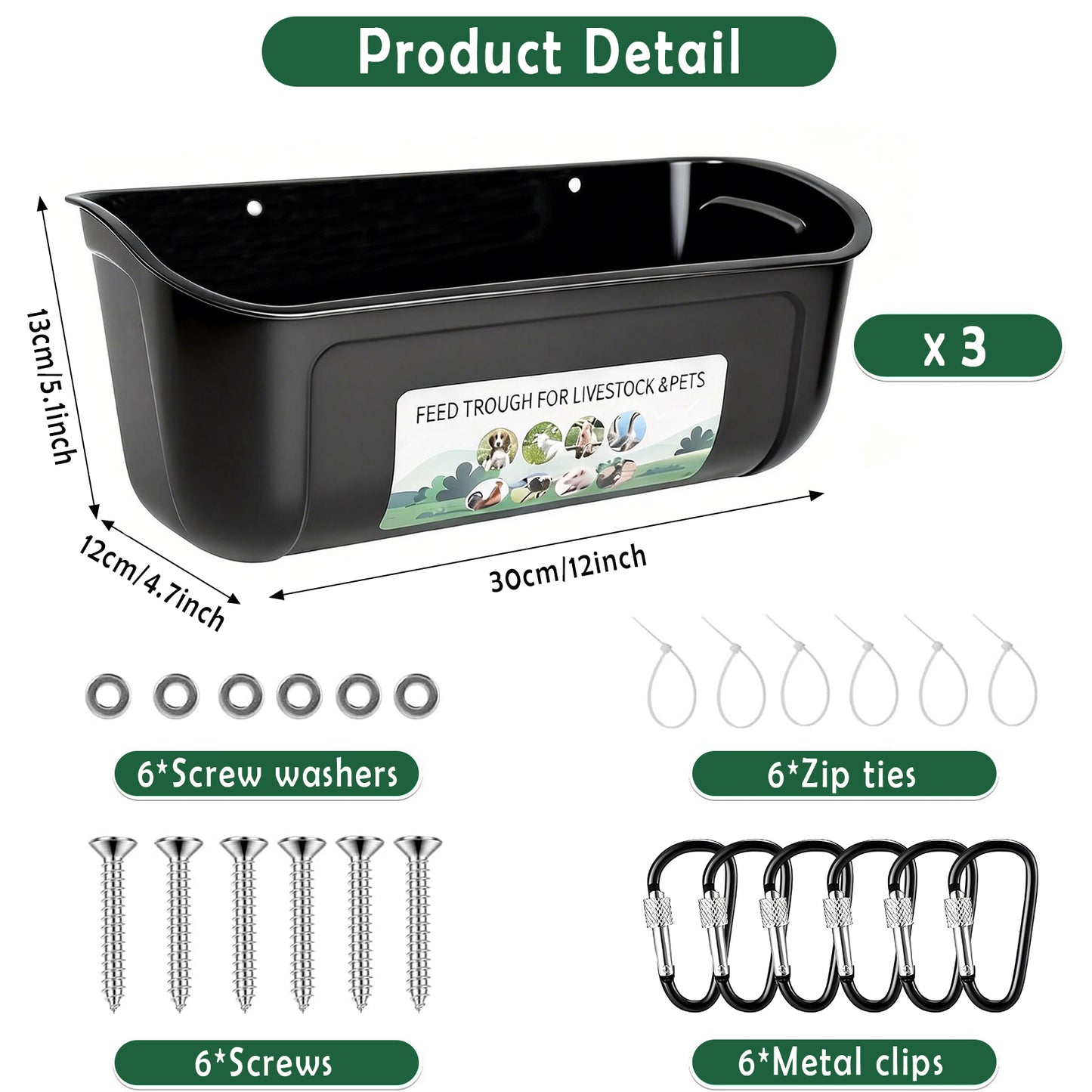 Zalalova 3 Pack Duck Chicken Feeder,Hanging Fence Feed Trough,Goose Turkey Water Trough with Clips,Livestock Feeding Container,Poultry Bucket,8 Quarts in Total Black