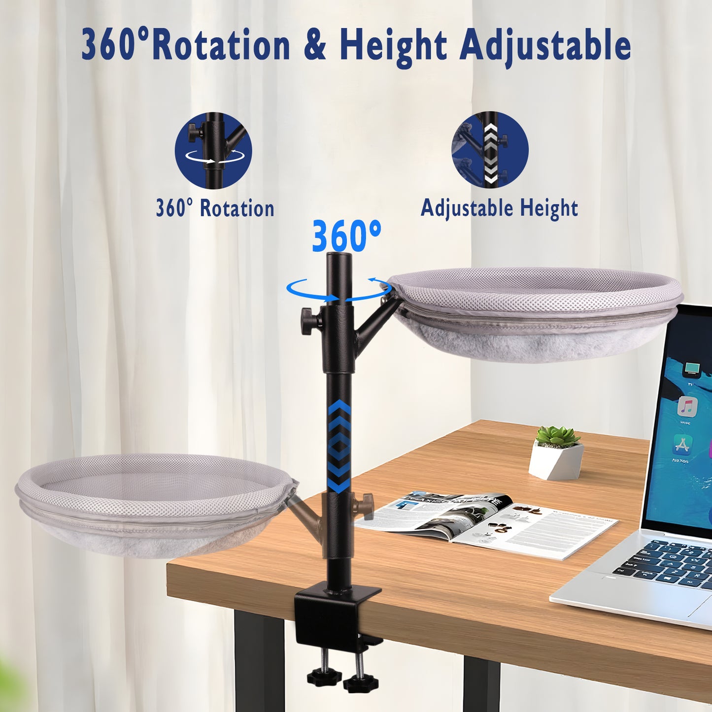 ZALALOVA Cat Desk Bed – Cat Bed for Indoor Cats with Adjustable Height & 360°Rotation, Cat Hammock for Desk with 2 Washable Pads, Supports up to 45lbs