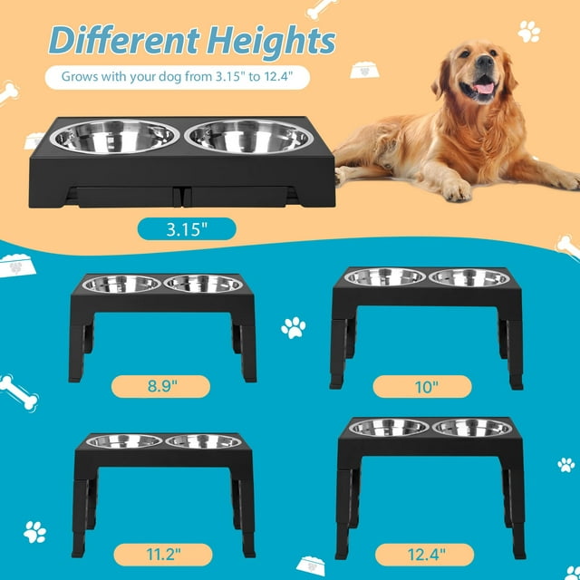 ZALALOVA Elevated Dog Bowls Stand with 2 Stainless Steel Dishes 1 Slow Feeder Dog Bowl, Raised Dog Bowl Adjusts to 5 Heights (3.15",8.9”，10",11.2”，12.4") for Medium and Large Dogs