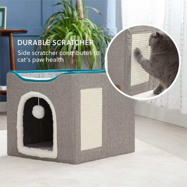 ZALALOVA Cat House for Indoor Cats, Foldable Cat Cube, Enclosed Cat Bed with Scratching Board and Dangling Toy Ball,16.5x16.5x14.5 inches(Gray)