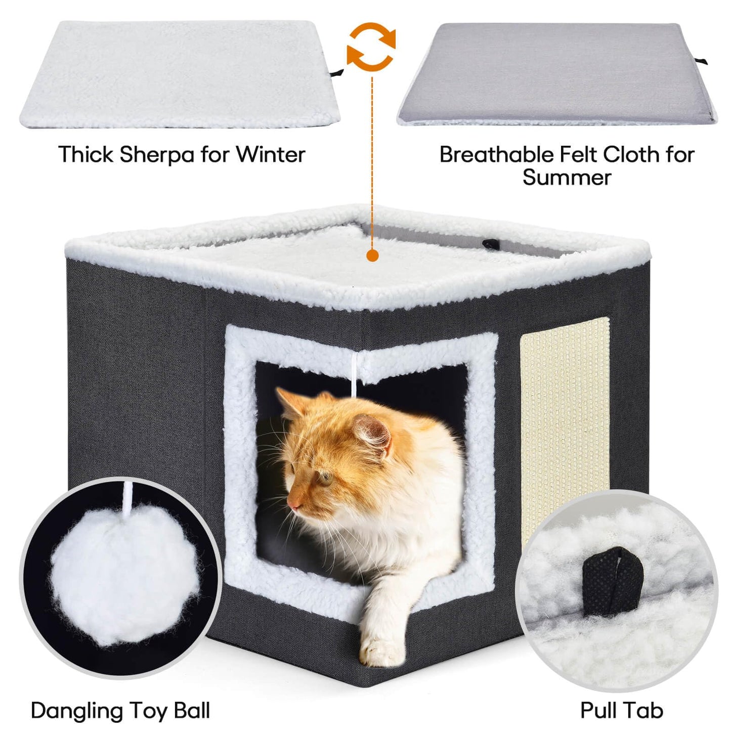 ZALALOVA Cat House for Indoor Cats Cube Bed, Covered Cat Cave Beds & Furniture with Scratch Pad and Hideaway Tent, Cute Modern Cat Condo for Multi Small Pet Large Kitten Kitty