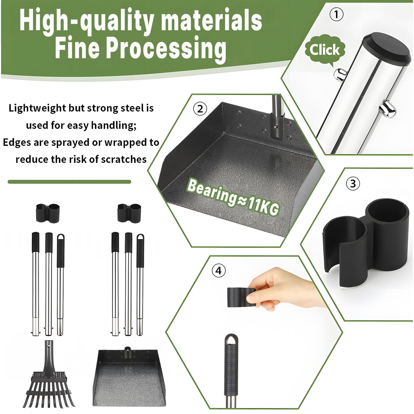 Larger Pooper Scooper for Large Dogs, Dog Pooper Scooper for Large Medium Small Dogs Long Handle Stainless Metal Tray and Rake Set Heavy Duty