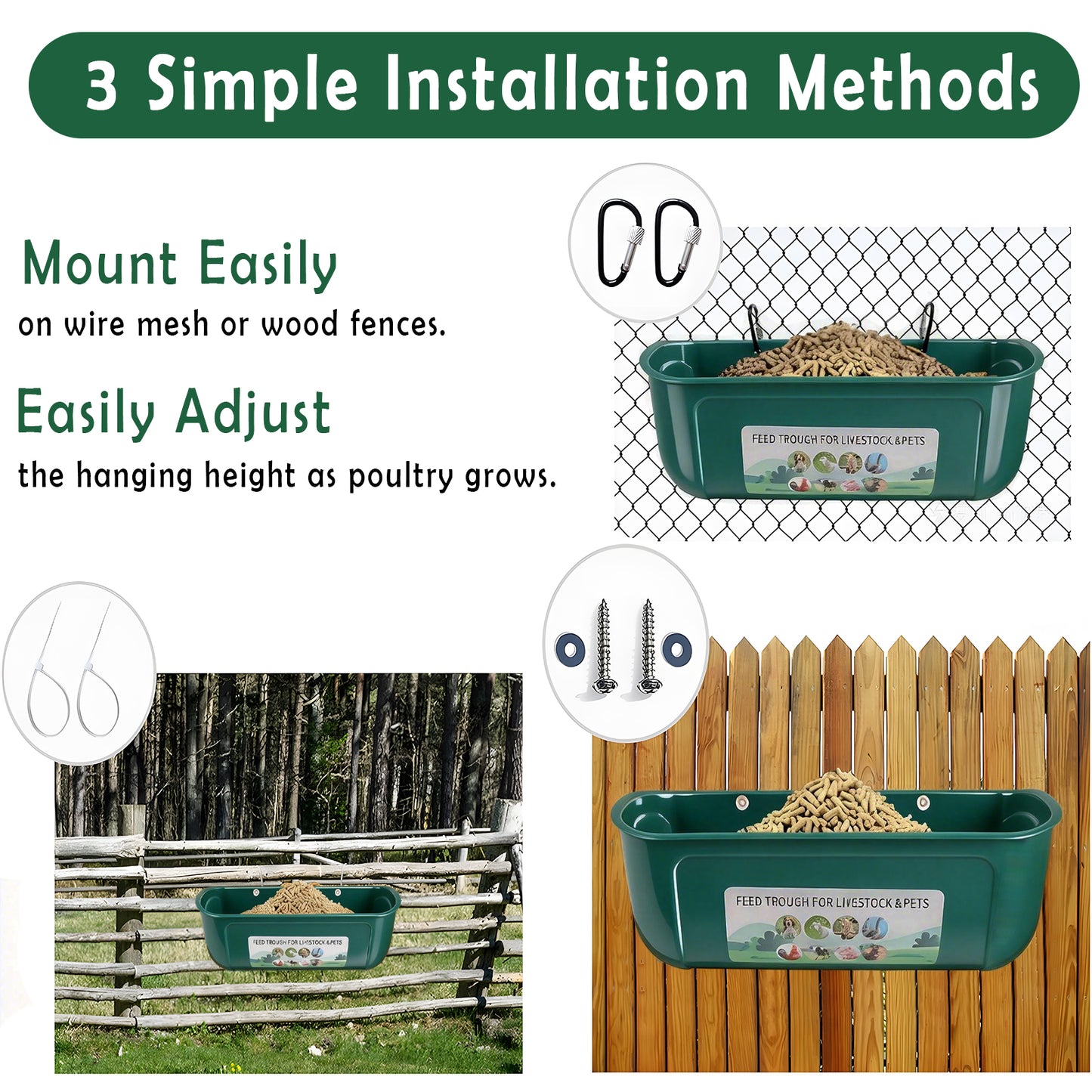 ZALALOVA 2 Pack Duck Chicken Feeder,Hanging Fence Feed Trough,Goose Turkey Chick Waterer with Clips,Livestock Feeding Container,Poultry Bucket,5 Quarts in Total Black