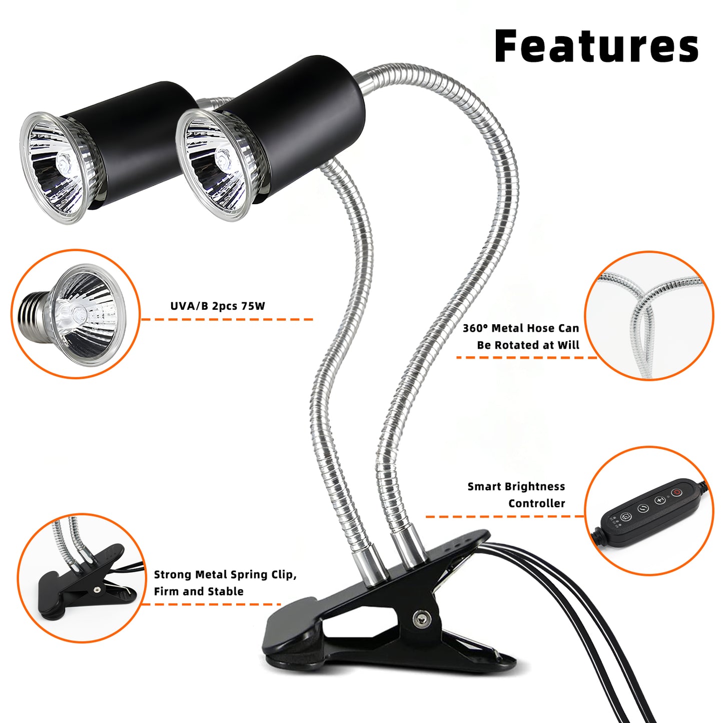 ZALALOVA Reptile Heat Lamp with Clamp,UVA UVB Light for Reptiles,Aquarium Turtle Tank Basking Lights with 360°Rotatable Timing & Dimming for Tortoise/Lizard/Bearded Dragon,2 Bulbs 75W