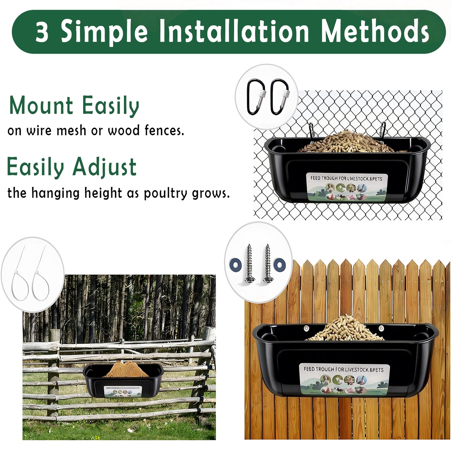 Zalalova 3 Pack Duck Chicken Feeder,Hanging Fence Feed Trough,Goose Turkey Water Trough with Clips,Livestock Feeding Container,Poultry Bucket,8 Quarts in Total Black