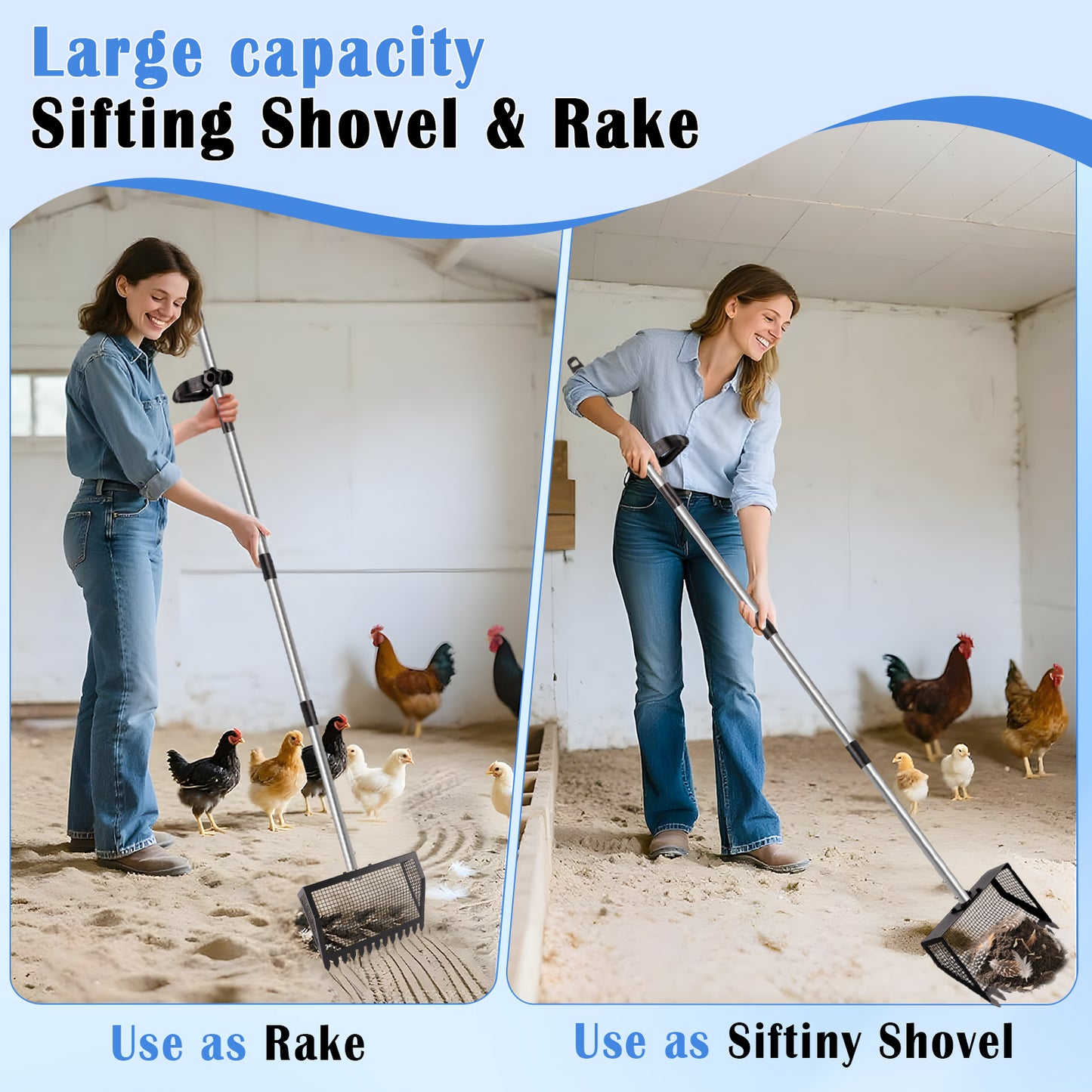 ZALALOVA Chicken Poop Scooper, 2-in-1 Metal Chicken Coop Accessori with 39" to 63" Adjustable Stainless Steel Handle,Cleaning Tools for Chicken Coops & Farm Animals Scoop