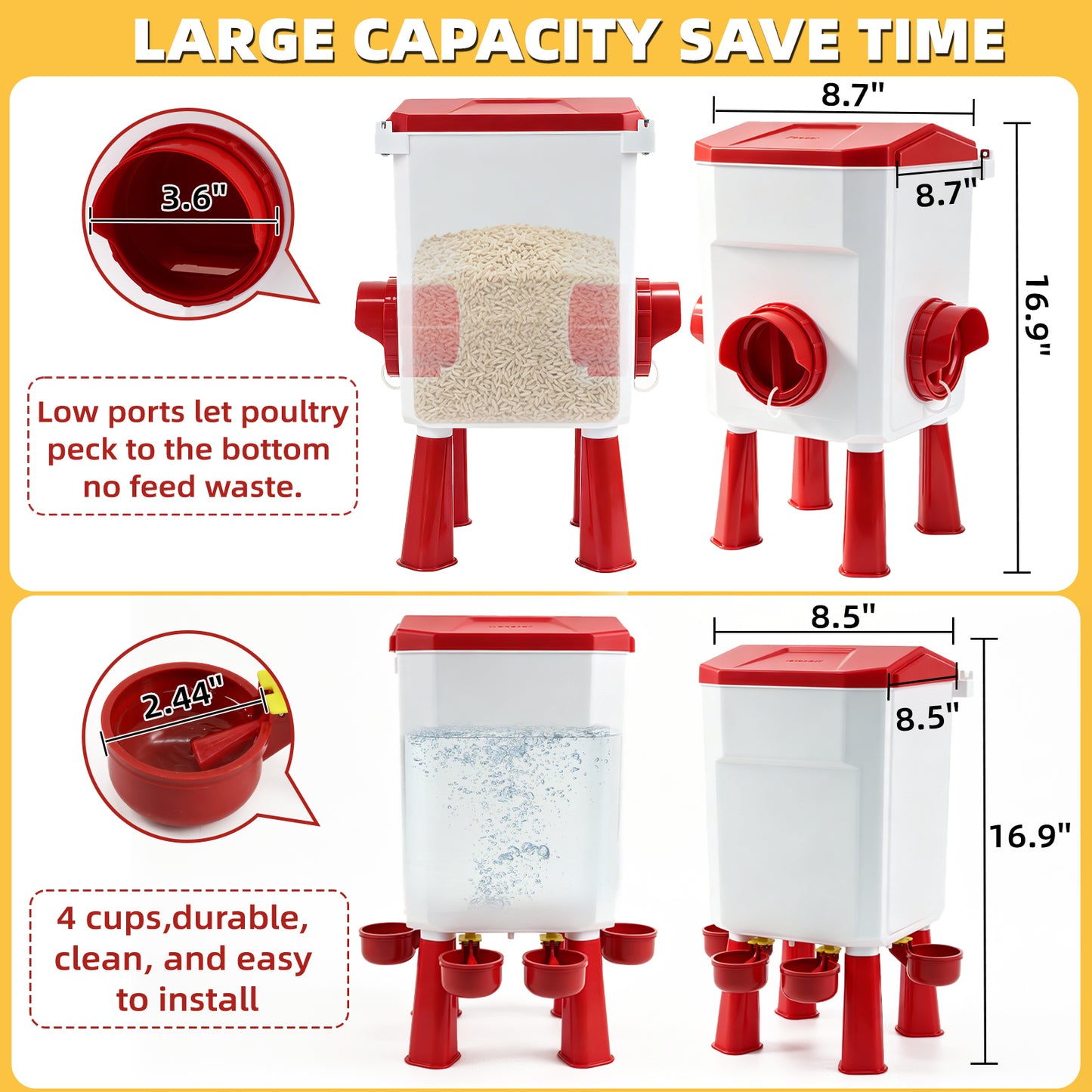 ZALALOVA Chicken Feeder and Waterer Set with Legs,3 Gallon Automatic Chicken Feeder,26.4 Pounds Waterer No Waste Poultry,Chicken Coop Accessories for Hens Ducks Poultry
