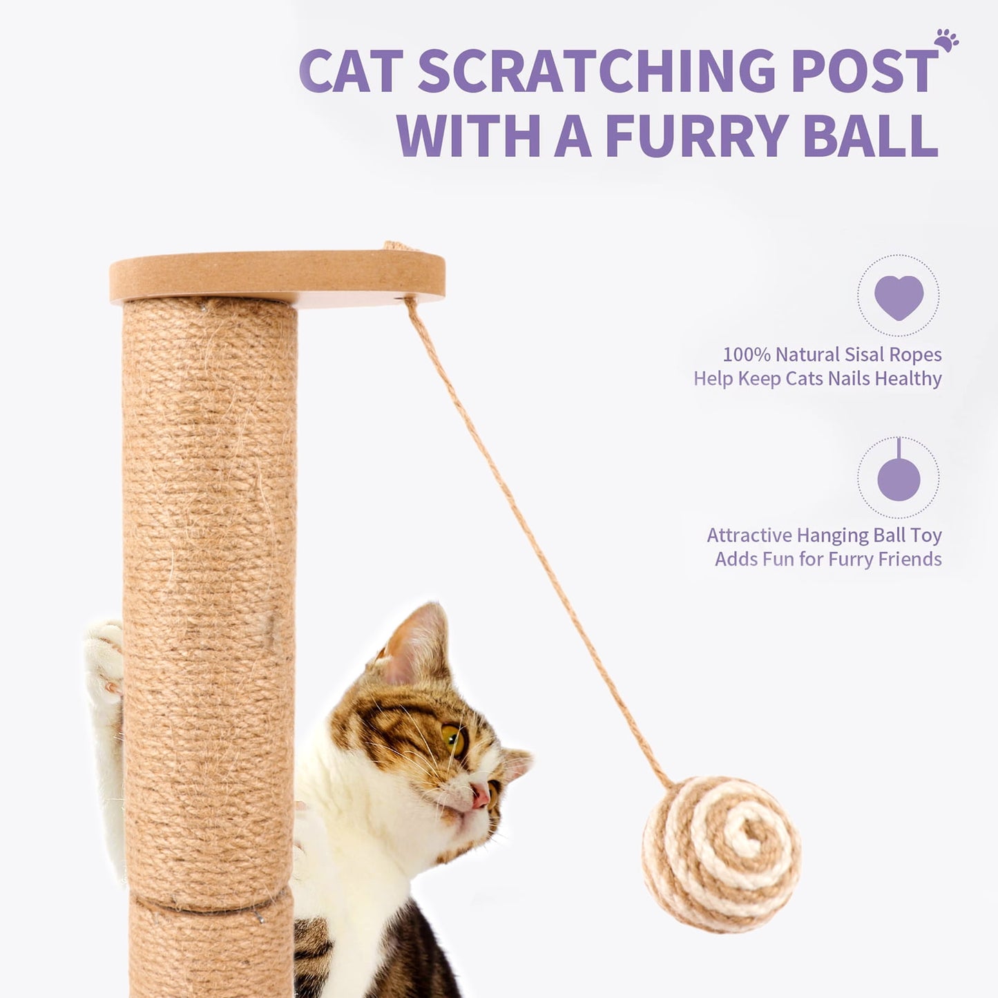 ZALALOVA Cat Scratching Post Interactive Toy with Dangling Ball, 19.3" Tall Sisal Cat Scratcher Post for Indoor Cats, Bell Ball Toy with Track and Stable Widen Base for Kittens