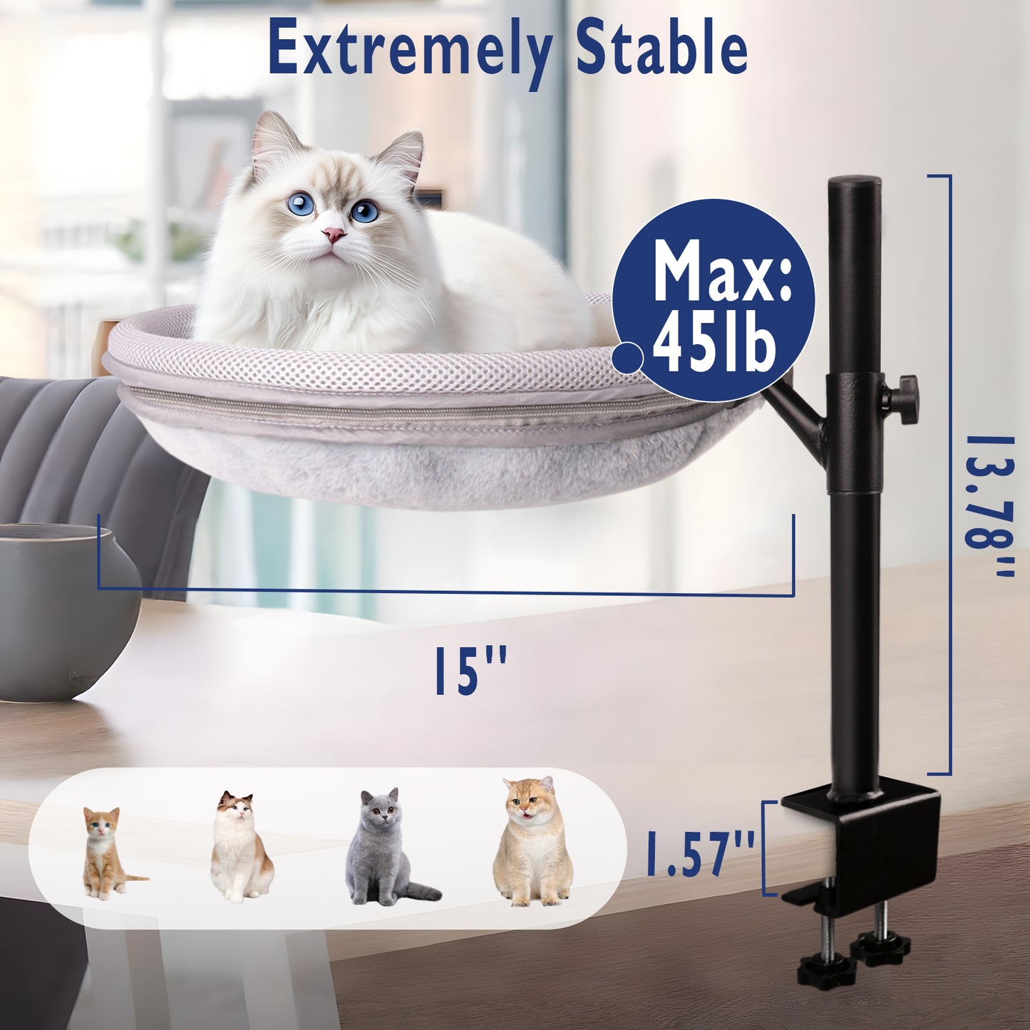 ZALALOVA Cat Desk Bed – Cat Bed for Indoor Cats with Adjustable Height & 360°Rotation, Cat Hammock for Desk with 2 Washable Pads, Supports up to 45lbs