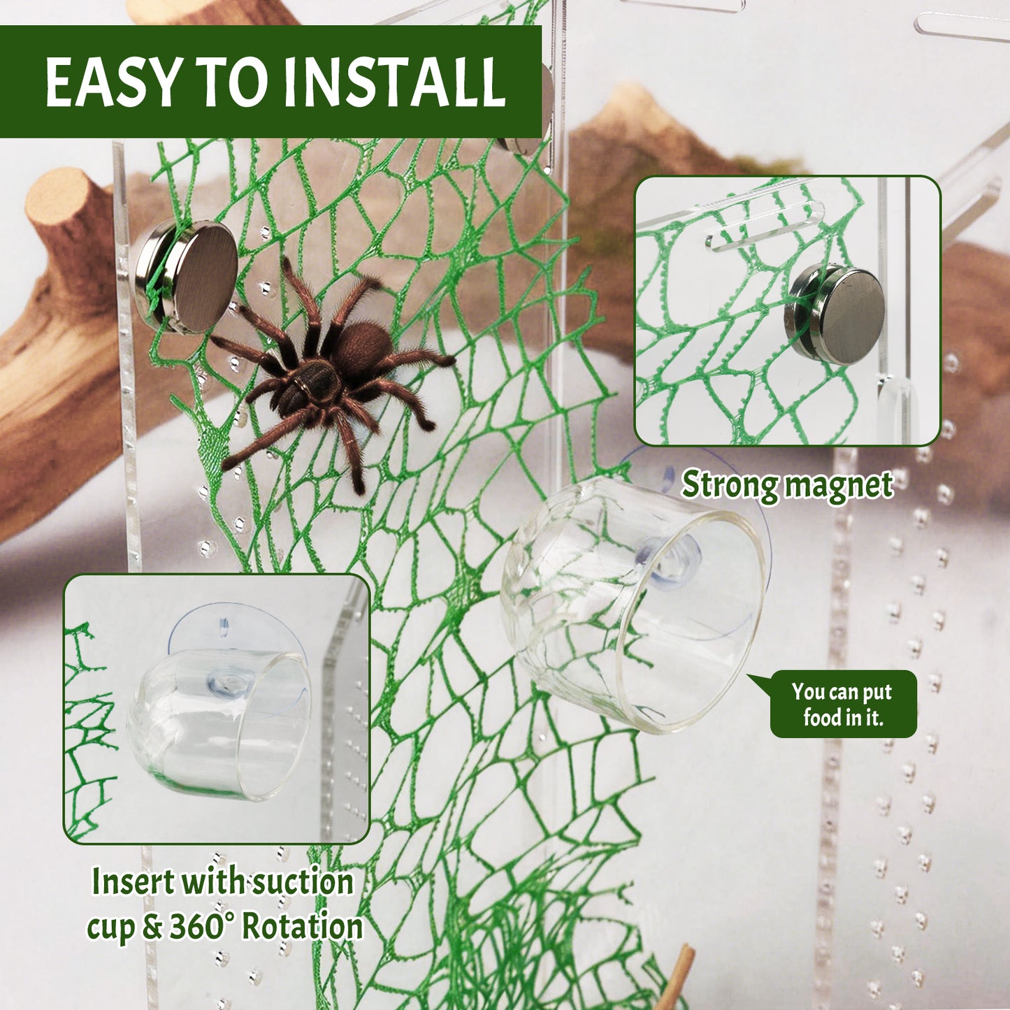 ZALALOVA 7 Pcs Jumping Spider Hide Accessories Set, Spiders Hideout Climbing Platform, Natural Cotton Rope Bridge Swings with Magnets for Small Reptile Enclosure Decorations
