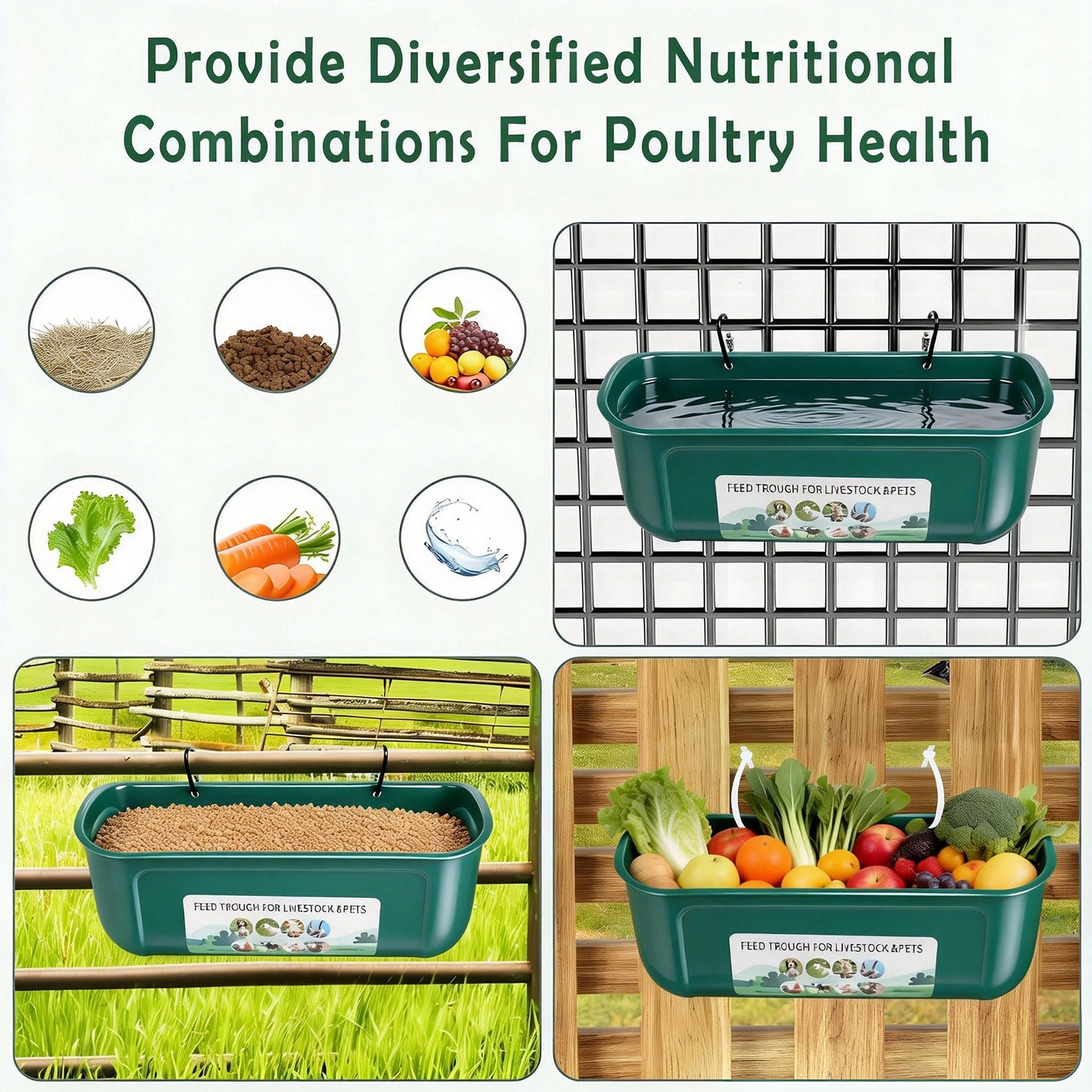 ZALALOVA 3 Pack Duck Chicken Feeder,Hanging Fence Feed Trough,Goose Turkey Chick Waterer with Clips,Livestock Feeding,Container,Poultry Bucket,8 Quarts in Total Green