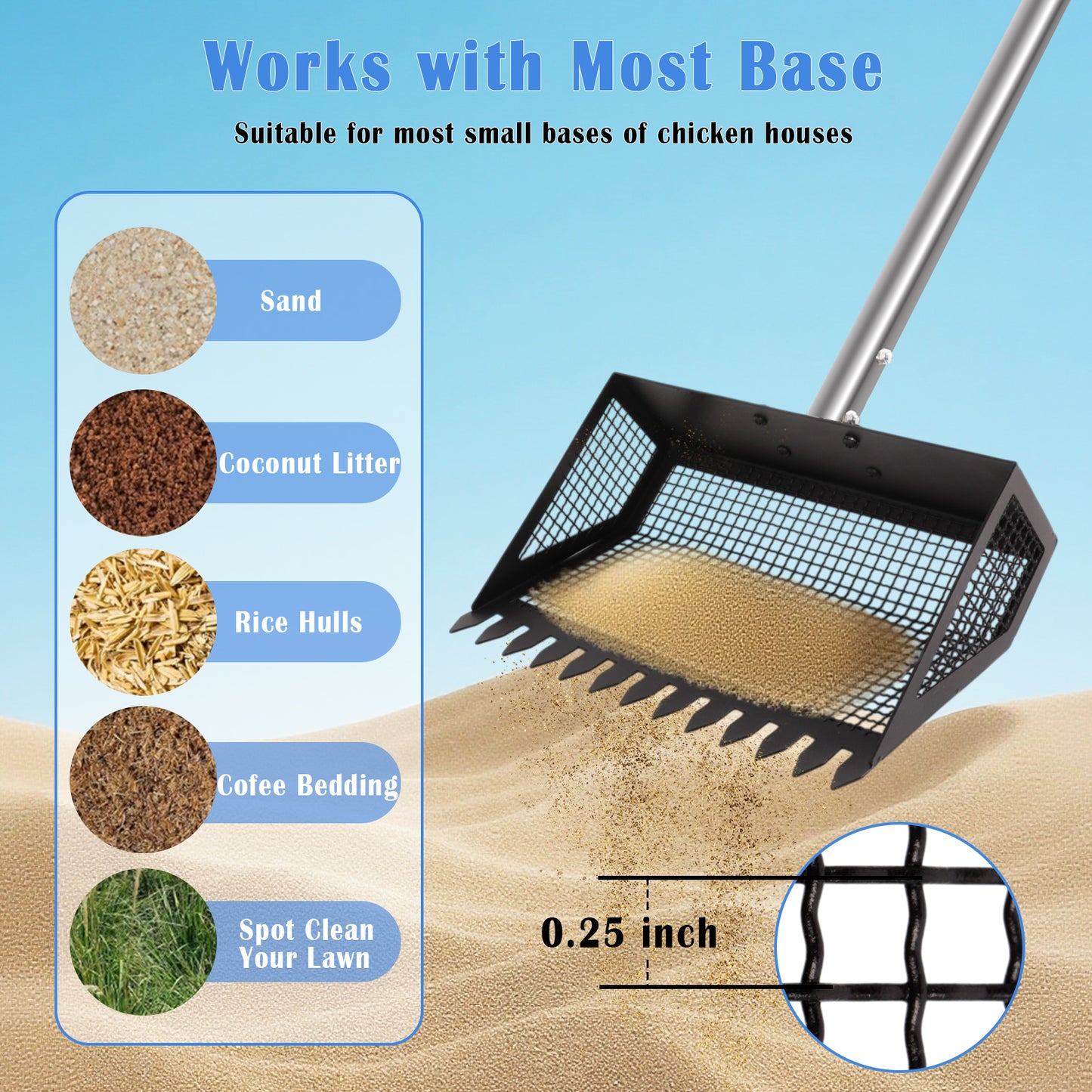 ZALALOVA Chicken Poop Scooper, 2-in-1 Metal Chicken Coop Accessori with 39" to 63" Adjustable Stainless Steel Handle,Cleaning Tools for Chicken Coops & Farm Animals Scoop