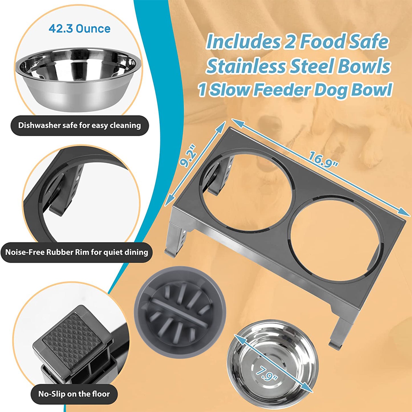 ZALALOVA Elevated Dog Bowls Stand with 2 Stainless Steel Dishes 1 Slow Feeder Dog Bowl, Raised Dog Bowl Adjusts to 5 Heights (3.15",8.9'',10",11.2'',12.4") for Medium and Large Dogs(Gray)