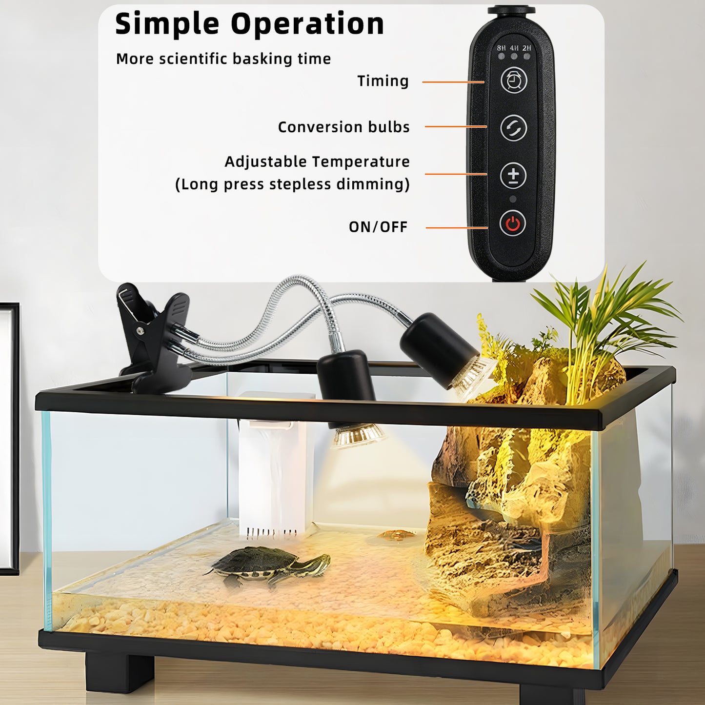 ZALALOVA Reptile Heat Lamp with Clamp,UVA UVB Light for Reptiles,Aquarium Turtle Tank Basking Lights with 360°Rotatable Timing & Dimming for Tortoise/Lizard/Bearded Dragon,2 Bulbs 75W