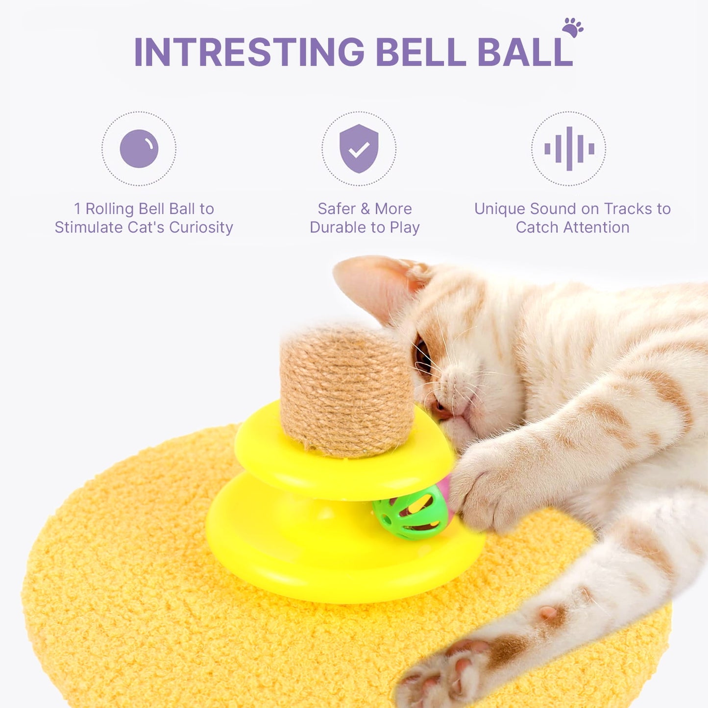 ZALALOVA Cat Scratching Post Interactive Toy with Dangling Ball, 19.3" Tall Sisal Cat Scratcher Post for Indoor Cats, Bell Ball Toy with Track and Stable Widen Base for Kittens