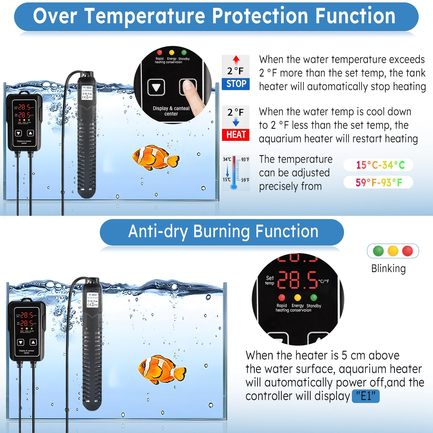 ZALALOVA Aquarium Heater, 300W Fish Tank Heater with LED Digital Display with Over-Temperature Protection, Submersible Aquarium Heater with 2 Suction Cup for Saltwater and Freshwater